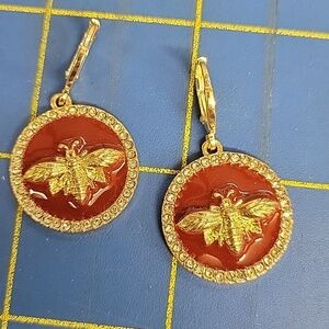 Bee Gold Tone Earrings Enamel Red Burgundy